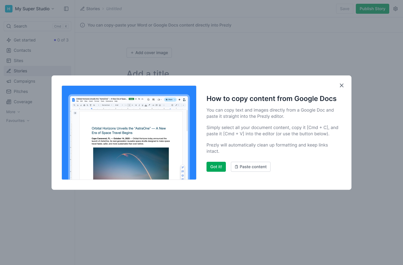 Story import overlay